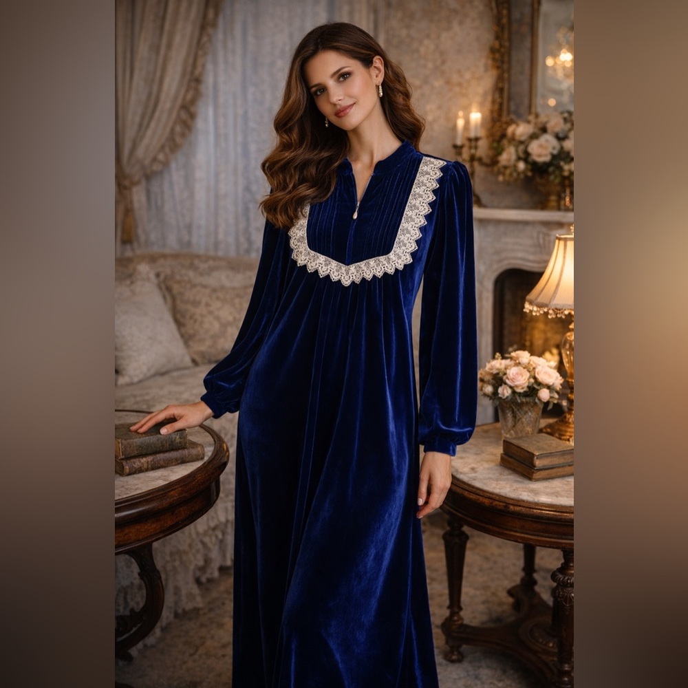 Vintage Sapphire Blue Velvet Victorian Lace Night Gown House Coat Grandma